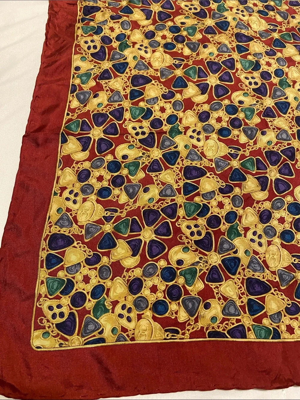 Chanel Silk Square Scarf with Jewel Motif - Red, Gold, Blue, Green